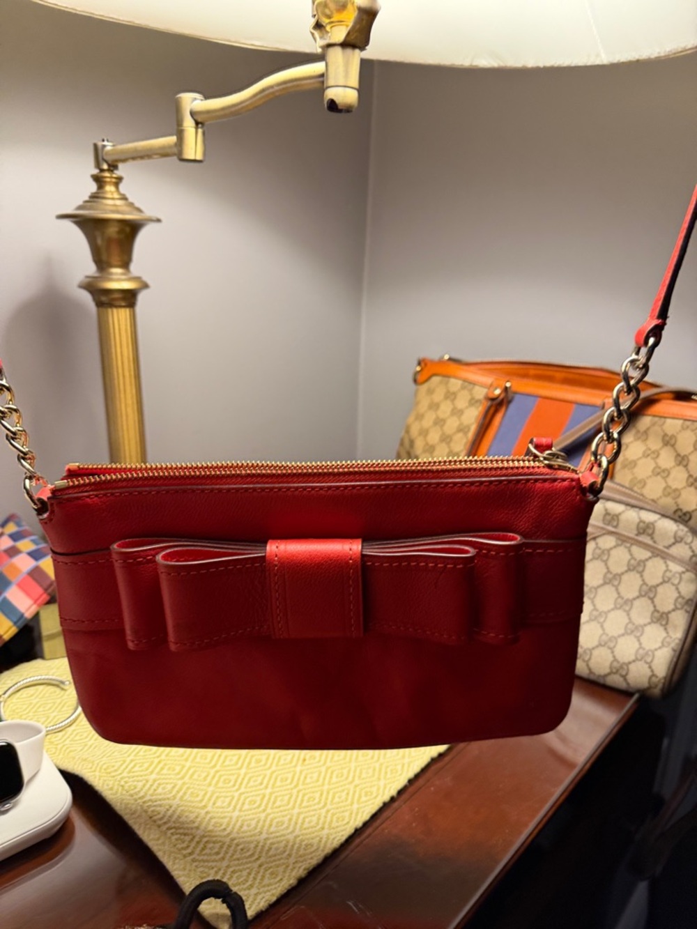 kate spade Red Leather Bow Crossbody with Gold Chain
